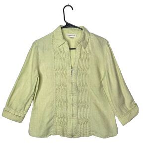 100% Linen Pintuck Zip Blouse Light Green PM Coastal Cottagecore Lagenlook